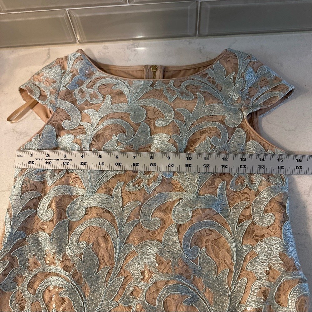 Eliza J Floral Lace Sheath Dress Cap Sleeve Light Blue Nude Lining Size 0 - Picture 11 of 16